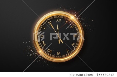 Gold vintage clock face with roman numerals showing midnight. Elegant classic watch on dark background. New Year countdown concept 135379848