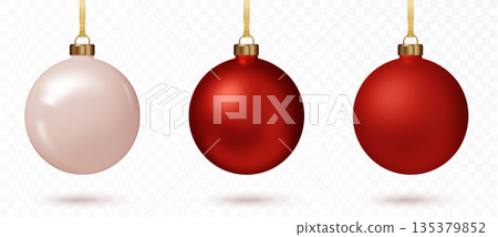 Red Christmas bauble set. 3D Realistic ornaments for holiday tree or festive project. Vector EPS Red Christmas bauble set. 3D Realistic ornaments for holiday tree or festive project. Vector EPS 135379852