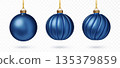 Christmas blue bauble set. Classic festive holiday decor bright sphere toy with loop for hanged isolated. 3D Realistic vector illustration 135379859