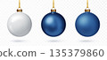 Blue Christmas bauble set. 3D Realistic ornaments for holiday tree or festive project. Vector EPS 135379860