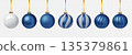Blue metallic Christmas ornaments. Realistic baubles with ribbon isolated vector design. 135379861