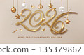 2026 Gold number for New Year banner. Festive Christmas season Design template with thin and graceful gold numbers 2026 and hanging ornaments. 135379862
