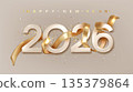 2026 Happy New Year with golden realistic 3d ribbon. Festive Christmas banner for holiday with realistic Golden 3d number 2026. 135379864