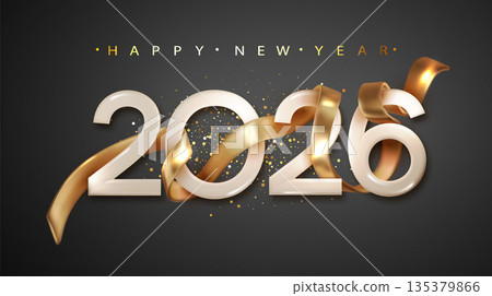 2026 New Year with golden ribbon. New Year and Christmas banner for holiday 2026 New Year with golden ribbon. New Year and Christmas banner for holiday 135379866