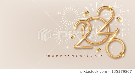 2026 Happy New Year greeting card template with luxury golden numbers. Realistic confetti and warm congratulations. 2026 Happy New Year greeting card template with luxury golden numbers. Realistic confetti and warm congratulations. 135379867