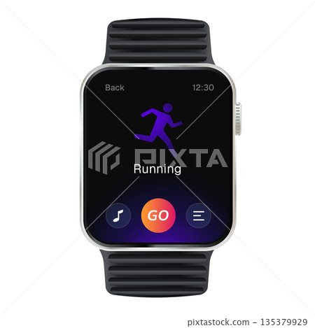 running workout application interface realistic smart watch vector mockup displaying stick figure icon sports fitness and healthy lifestyle technology exercise tracking 135379929