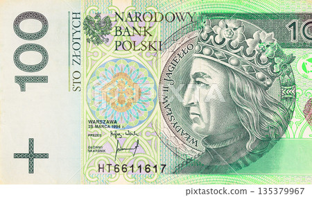 Authentic Poland currency banknote denomination 100 zloty approved by Narodowy Bank Polski front view Authentic Poland currency banknote denomination 100 zloty approved by Narodowy Bank Polski front view 135379967