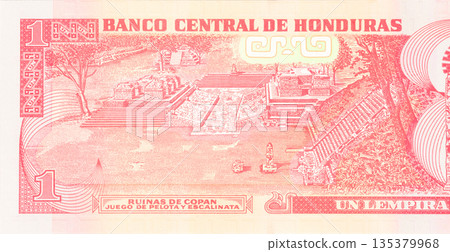1 lempira denomination is an authentic banknote issued by Central Bank of Honduras. front view, 1 lempira denomination is an authentic banknote issued by Central Bank of Honduras. front view, 135379968