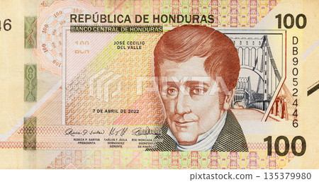 Honduran cash, 100 lempira banknote issued by official Banco Central De Honduras. rear view 135379980