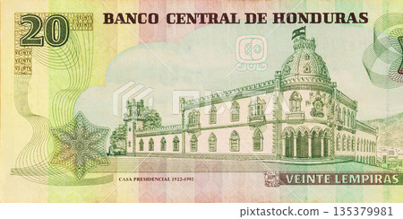 Banco Central De Honduras issued cash, 20 lempira Honduran money banknote. front view, Banco Central De Honduras issued cash, 20 lempira Honduran money banknote. front view, 135379981