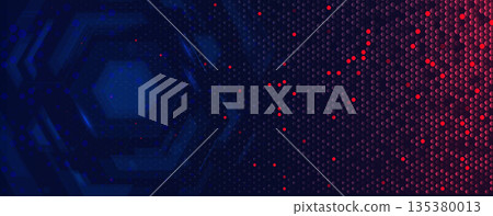 Futuristic technology hexagon background, blue red glowing data grid for AI, cybersecurity dashboards. Technology backgrounds and tech concepts for web, business presentations. Vector illustration. 135380013
