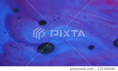 Paint background. Color water. Defocused blue purple sparkling acrylic flow chemical fluid bubble oil droplet floating on abstract art. 135380090