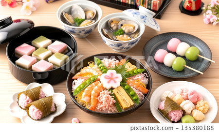 A collection of traditional Japanese dishes and sweets for the Doll's Festival, including sushi and clam soup. 135380188