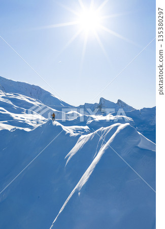 Freeride skier standing on a snowy mountain ridge, preparing for descent in pristine alpine terrain. Bright winter sun, dramatic peaks and untouched snow create a powerful adventure atmosphere. 135380297