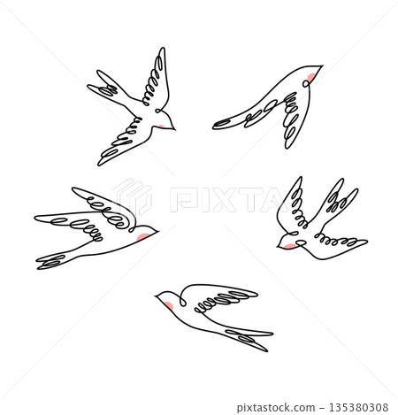 Hand drawn monoline swallows in flight isolated on a white background. Hand drawn monoline swallows in flight isolated on a white background. 135380308