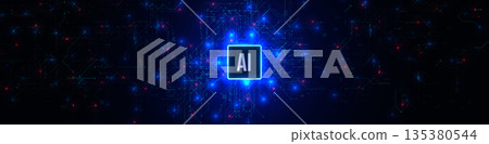 Cyber security AI background glowing digital circuit artificial intelligence brain network, data protection, hacker attack prevention, blue tech digital banner presentations. Vector illustration 135380544