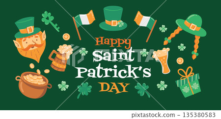 Decorative Saint Patricks Day frame with festive icons. Perfect for posters, invitations, social media and holiday announcements. 135380583