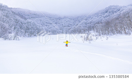 A person standing in a vast snowy field and a mountain range covered in frost, the silence of winter 135380584