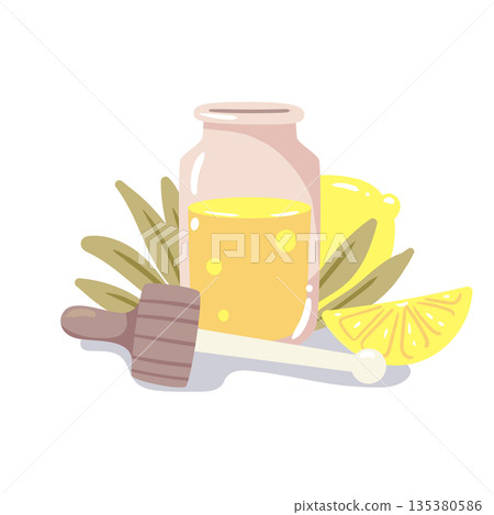 Zesty lemon essential oil paired with fresh citrus slices. An energizing and bright vector for aromatherapy and natural cleaning themes. Zesty lemon essential oil paired with fresh citrus slices. An energizing and bright vector for aromatherapy and natural cleaning themes. 135380586