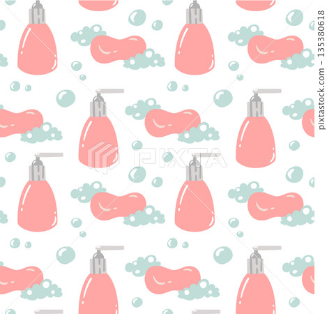 Whimsical pattern featuring soap dispensers and fluffy bubbles. A cute and clean design for bathroom textiles or cosmetic shop wrapping paper. Whimsical pattern featuring soap dispensers and fluffy bubbles. A cute and clean design for bathroom textiles or cosmetic shop wrapping paper. 135380618