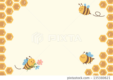 Decorative frame with bees and honeycombs. Lovely background for invitations, greeting cards, branding, kids designs and eco projects. 135380621