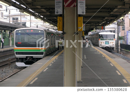 Utsunomiya Line Limited Express Ohayōchigi stopped at Hasuda Station and a local train being evacuated 135380628