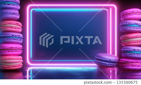 一幅充滿未來感的畫面：馬卡龍高高堆疊在藍粉色霓虹燈框架的兩側。 135380675