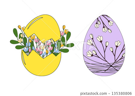 Spring Easter bouquet with Blossom flowers and leaves in Cracked Eggshell and Egg with Sprigs decor. Isolated Vector illustration Easter Related Content Spring Season Thematic Cards Greetings, leaflet 135380806