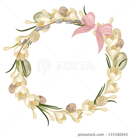 Hand-drawn Easter floral wreath made of crocus flowers and buns, willow and bow and Easter dyed eggs, spring botanical composition 135380842
