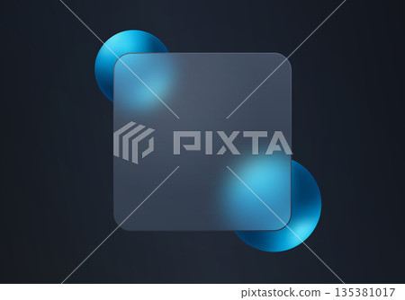 Abstract dark background with frosted glass panel and blue gradient spheres 135381017