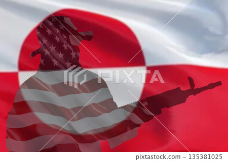 Outline of a soldier with a gun and an American flag inside the silhouette against the background of the flag of Greenland. Outline of a soldier with a gun and an American flag inside the silhouette against the background of the flag of Greenland. 135381025