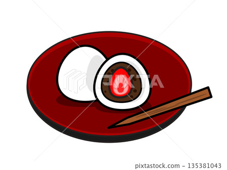 Illustration of strawberry daifuku served on a plate - cross section and whole 135381043