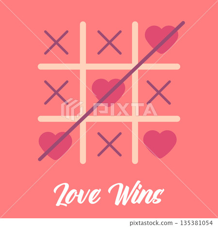 Funny tic-tac-toe game with hearts forming Love Wins message. Cute Valentine s Day vector illustration on pink background for romantic greeting cards and creative designs Funny tic-tac-toe game with hearts forming Love Wins message. Cute Valentine s Day vector illustration on pink background for romantic greeting cards and creative designs 135381054