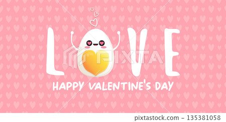 Cute Egg Character Valentine s Day Vector Banner in Horizontal Format with Pink Hearts, Abstract Background and Funny Cartoon Style for Holiday Designs 135381058