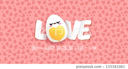 Funny Valentine s Day Horizontal Vector Banner with Cute Egg Character, Pink Abstract Background and Heart Elements Happy Love Holiday Cartoon Design Funny Valentine s Day Horizontal Vector Banner with Cute Egg Character, Pink Abstract Background and Heart Elements Happy Love Holiday Cartoon Design 135381061