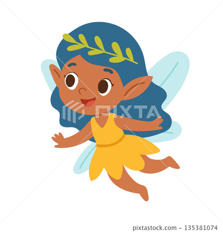 Blue haired elf fairy illustration inspired by woodland folklore, suitable for magical storytelling, imaginative kids content, and fantasy scenes 135381074