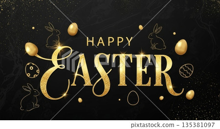 Elegant happy easter celebration with golden eggs and bunnies on black marble background Elegant happy easter celebration with golden eggs and bunnies on black marble background 135381097