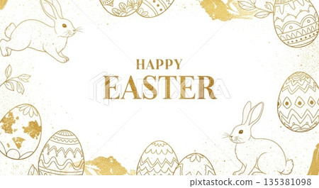 Elegant easter greeting with gold-accented bunnies and ornate eggs for festive celebrations Elegant easter greeting with gold-accented bunnies and ornate eggs for festive celebrations 135381098