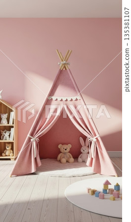 Cozy child's playroom interior with pink teepee tent and soft toys 135381107