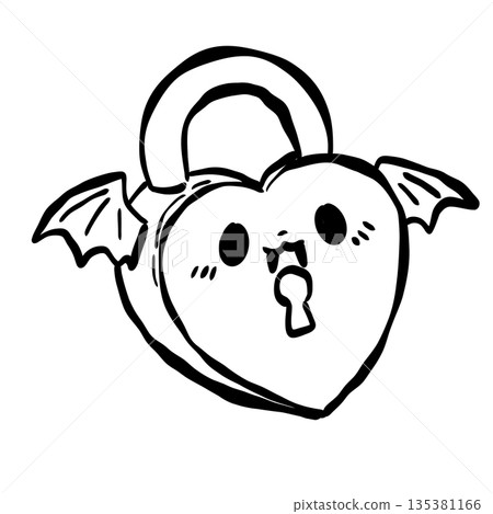 Hand drawn heart shaped lock with bat wings doodle black and white cute gothic love illustration for valentines spooky romance fantasy design Hand drawn heart shaped lock with bat wings doodle black and white cute gothic love illustration for valentines spooky romance fantasy design 135381166