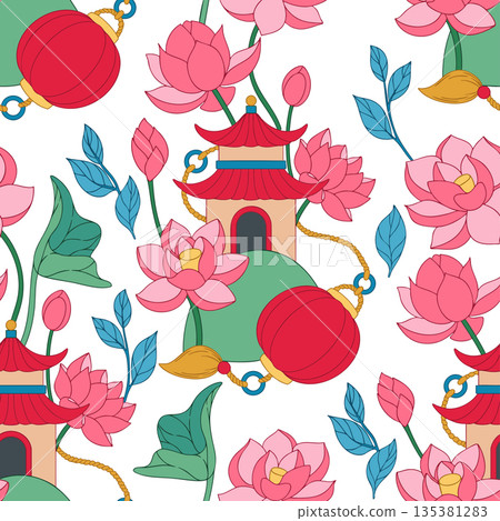 Vector illustration in Asian style. Seamless pattern with pagoda and lotus. Cute print for children. 135381283