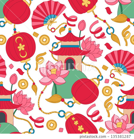 A children's print themed around Chinese New Year. A seamless vector pattern with a pagoda, lanterns, and a fan. 135381287