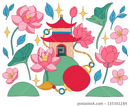 Set of cute Asian illustrations. Pagoda, lotus, and lantern. Vector clip art 135381289