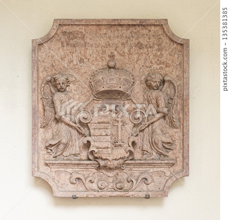 hungarian coat of arms relief with angels and crown 135381385