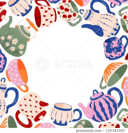 Wreath of colorful teapot and cup with heart, stripe, floral and elegant pattern in flat style. Ideal for tea menu or kitchen wallpaper isolated on a white background. Wreath of colorful teapot and cup with heart, stripe, floral and elegant pattern in flat style. Ideal for tea menu or kitchen wallpaper isolated on a white background. 135381507