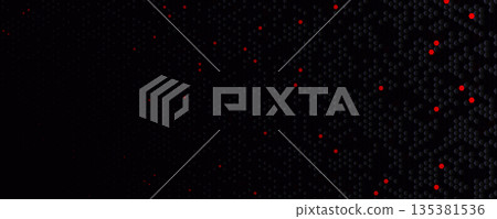 Futuristic dark hexagon honeycomb tech background, red glowing particles for cyber, data, gaming, esports, websites, presentations. Black Hi-tech backgrounds for banners and apps. Vector illustration 135381536
