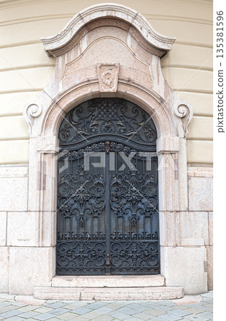 Ornate wrought iron gate with stone archway entrance 135381596