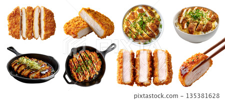 Set of tonkatsu katsu pork chicken breaded Deep-fried meat cutlet, skillet pan, chopstick, with egg rice bowl sauce, stack pile slice broken bite, transparent cutout PNG. Many different style mockup 135381628