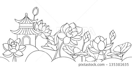 Vector illustration in Asian style. Seamless frame with a pagoda and lotus. Cute frame for children. Coloring book Vector illustration in Asian style. Seamless frame with a pagoda and lotus. Cute frame for children. Coloring book 135381635