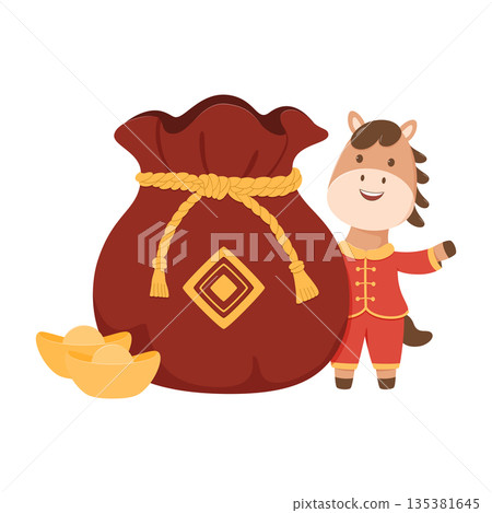 Cute Horse with Lucky Money Bag. Chinese New Year Zodiac Illustration Cute Horse with Lucky Money Bag. Chinese New Year Zodiac Illustration 135381645